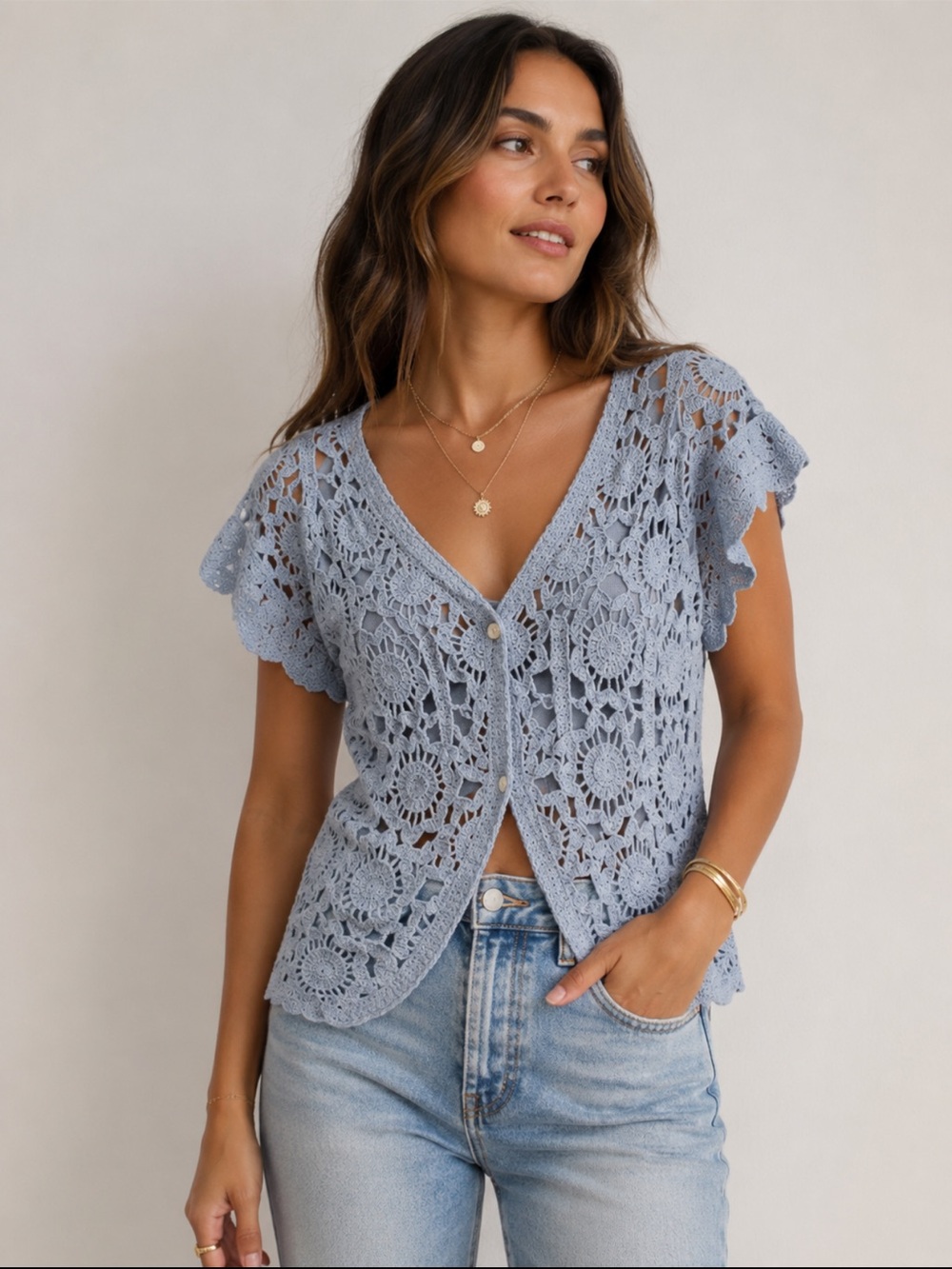 MADE IN ITALY 🇮🇹 Light Blue Crochet Button-Front Top